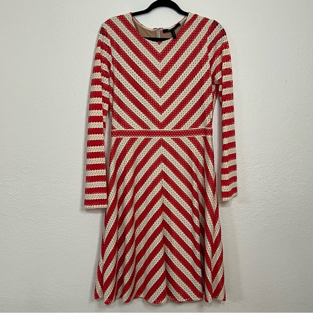 BCBG Maxazria Kristina Orange & Cream Chevron Eyelet Lined Dress Women’s Large